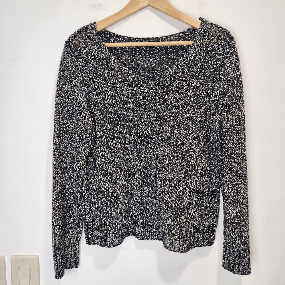 Eileen Fisher V Neck Sweater Womens S Black White Chunky Knit Cotton Cozy‎